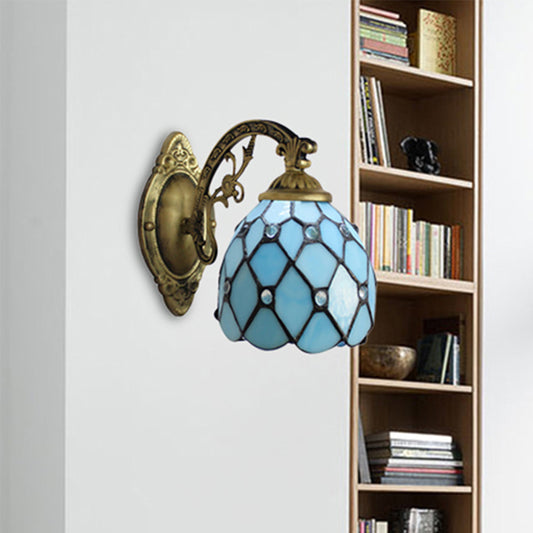 Vintage Dome Wall Mount Light Stained Glass One Light Mini Wall Sconce Light in Brass Blue Arc Clearhalo 'Industrial' 'Middle century wall lights' 'Tiffany wall lights' 'Tiffany' 'Wall Lamps & Sconces' 'Wall Lights' Lighting' 253056