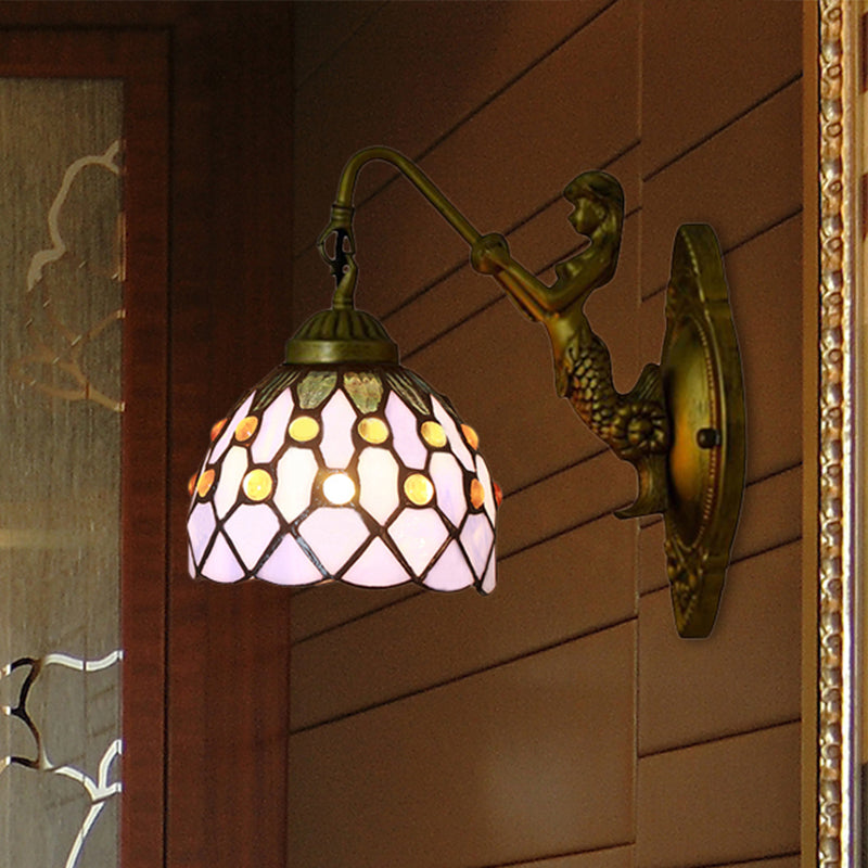 Vintage Dome Wall Mount Light Stained Glass One Light Mini Wall Sconce Light in Brass Purple Mermaid Clearhalo 'Industrial' 'Middle century wall lights' 'Tiffany wall lights' 'Tiffany' 'Wall Lamps & Sconces' 'Wall Lights' Lighting' 253057