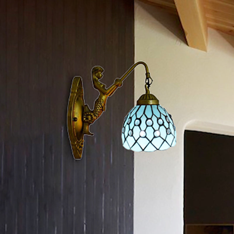 Vintage Dome Wall Mount Light Stained Glass One Light Mini Wall Sconce Light in Brass Blue Mermaid Clearhalo 'Industrial' 'Middle century wall lights' 'Tiffany wall lights' 'Tiffany' 'Wall Lamps & Sconces' 'Wall Lights' Lighting' 253059