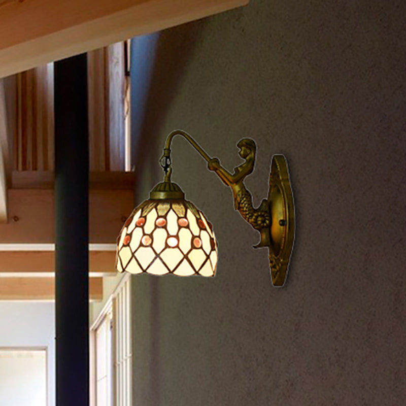 Vintage Dome Wall Mount Light Stained Glass One Light Mini Wall Sconce Light in Brass Beige Mermaid Clearhalo 'Industrial' 'Middle century wall lights' 'Tiffany wall lights' 'Tiffany' 'Wall Lamps & Sconces' 'Wall Lights' Lighting' 253060
