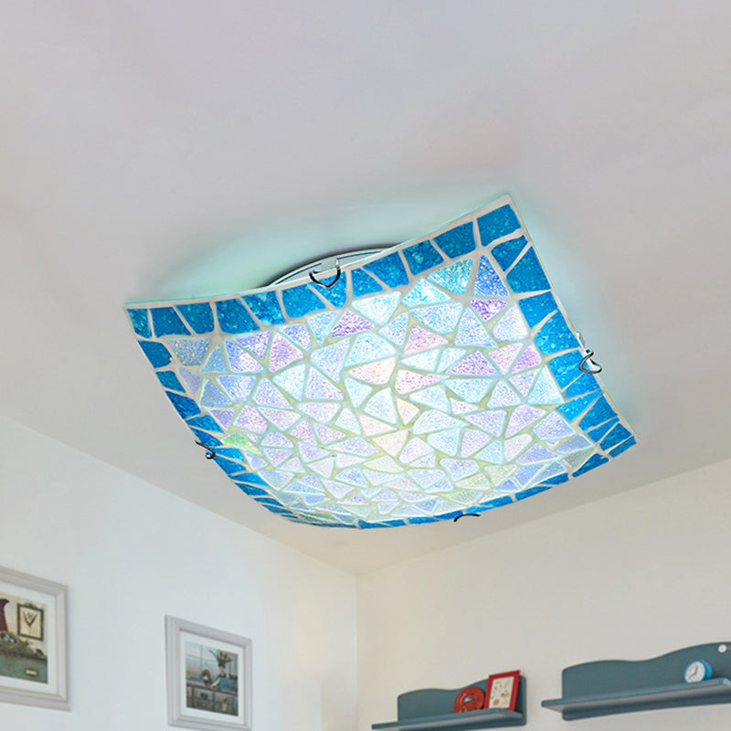Blue Square Flush Mount Lighting 16"/12" Width Mediterranean Stained Glass Indoor Flush Ceiling Light Clearhalo 'Ceiling Lights' 'Close To Ceiling Lights' 'Close to ceiling' 'Glass shade' 'Glass' 'Semi-flushmount' 'Tiffany close to ceiling' 'Tiffany' Lighting' 253068