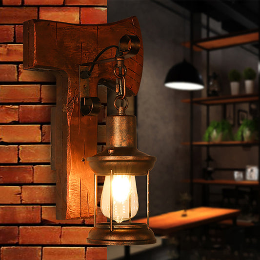 Rust One Light Sconce Light Coastal Clear Glass Lantern Lighting Fixture with Wooden Backplate Rust A Clearhalo 'Industrial wall lights' 'Industrial' 'Middle century wall lights' 'Rustic wall lights' 'Tiffany' 'Wall Lamps & Sconces' 'Wall Lights' Lighting' 253069