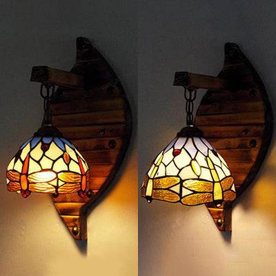 Vintage Domed Wall Light Stained Glass 1 Light Hanging Wall Sconce with Dragonfly Pattern in Purple/Blue Clearhalo 'Industrial' 'Middle century wall lights' 'Tiffany wall lights' 'Tiffany' 'Wall Lamps & Sconces' 'Wall Lights' Lighting' 25307