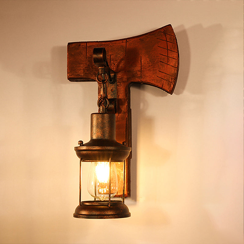 Rust One Light Sconce Light Coastal Clear Glass Lantern Lighting Fixture with Wooden Backplate Clearhalo 'Industrial wall lights' 'Industrial' 'Middle century wall lights' 'Rustic wall lights' 'Tiffany' 'Wall Lamps & Sconces' 'Wall Lights' Lighting' 253071