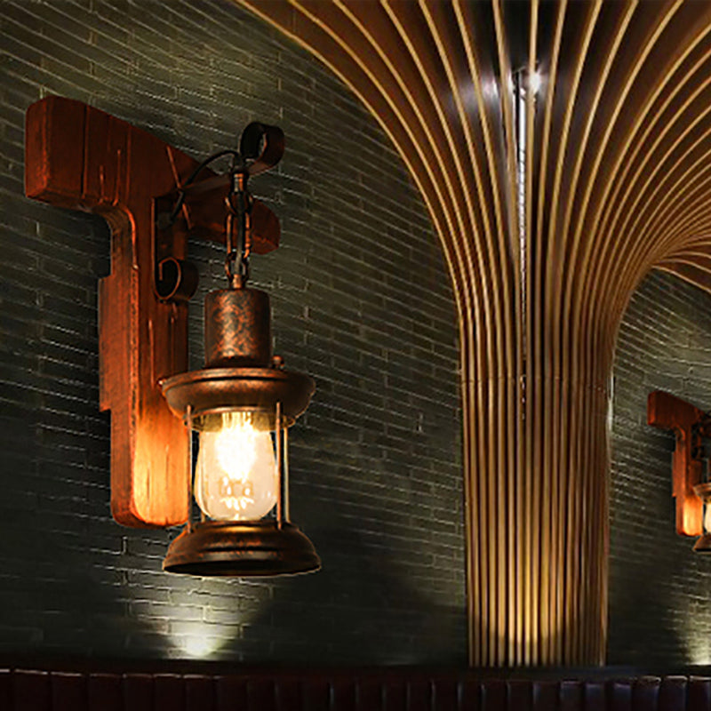 Rust One Light Sconce Light Coastal Clear Glass Lantern Lighting Fixture with Wooden Backplate Rust B Clearhalo 'Industrial wall lights' 'Industrial' 'Middle century wall lights' 'Rustic wall lights' 'Tiffany' 'Wall Lamps & Sconces' 'Wall Lights' Lighting' 253072