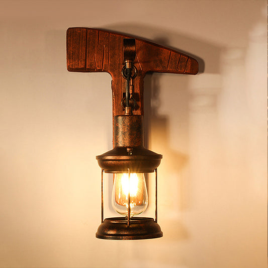 Rust One Light Sconce Light Coastal Clear Glass Lantern Lighting Fixture with Wooden Backplate Clearhalo 'Industrial wall lights' 'Industrial' 'Middle century wall lights' 'Rustic wall lights' 'Tiffany' 'Wall Lamps & Sconces' 'Wall Lights' Lighting' 253073
