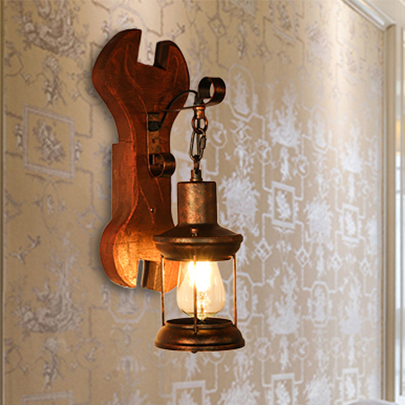 Rust One Light Sconce Light Coastal Clear Glass Lantern Lighting Fixture with Wooden Backplate Rust C Clearhalo 'Industrial wall lights' 'Industrial' 'Middle century wall lights' 'Rustic wall lights' 'Tiffany' 'Wall Lamps & Sconces' 'Wall Lights' Lighting' 253074