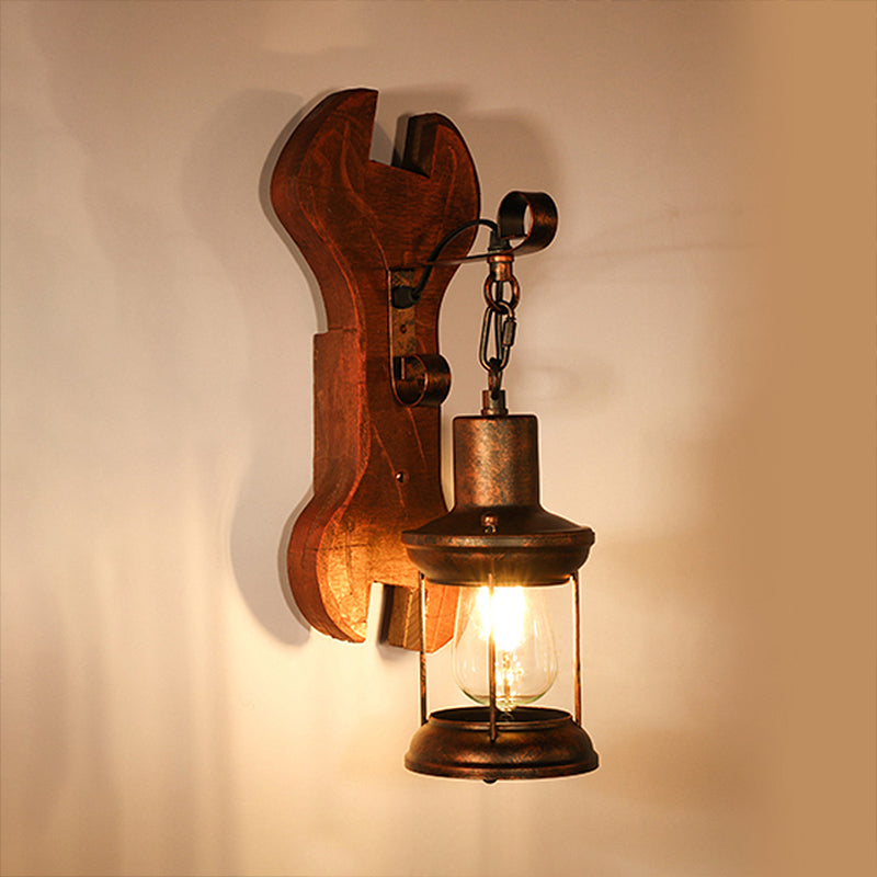 Rust One Light Sconce Light Coastal Clear Glass Lantern Lighting Fixture with Wooden Backplate Clearhalo 'Industrial wall lights' 'Industrial' 'Middle century wall lights' 'Rustic wall lights' 'Tiffany' 'Wall Lamps & Sconces' 'Wall Lights' Lighting' 253075