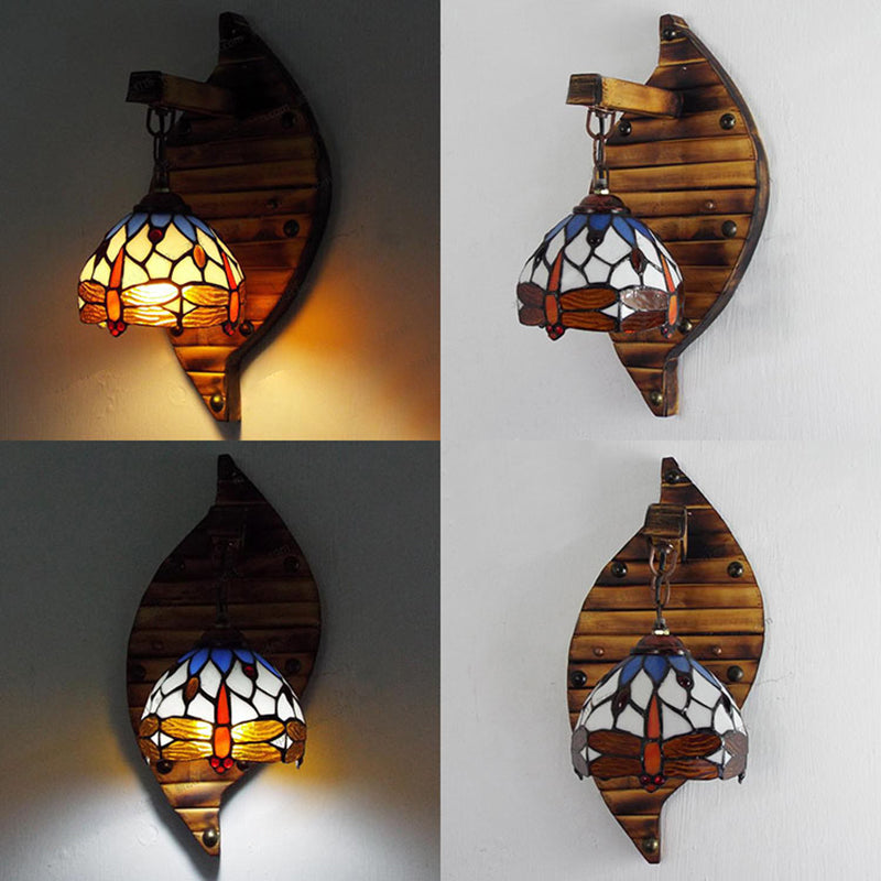 Vintage Domed Wall Light Stained Glass 1 Light Hanging Wall Sconce with Dragonfly Pattern in Purple/Blue Clearhalo 'Industrial' 'Middle century wall lights' 'Tiffany wall lights' 'Tiffany' 'Wall Lamps & Sconces' 'Wall Lights' Lighting' 25309