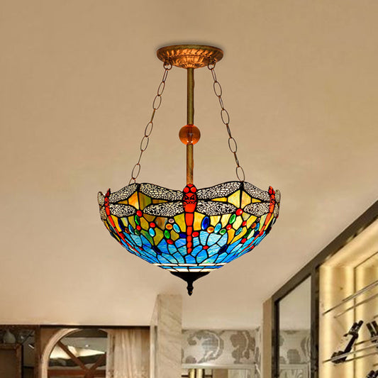Inverted Pendant Lamp with Dragonfly Tiffany Rustic Stained Glass 3 Lights Ceiling Chandelier in Red/Blue Blue Clearhalo 'Ceiling Lights' 'Chandeliers' 'Close To Ceiling Lights' 'Close to ceiling' 'Semi-flushmount' 'Tiffany close to ceiling' 'Tiffany' Lighting' 253095
