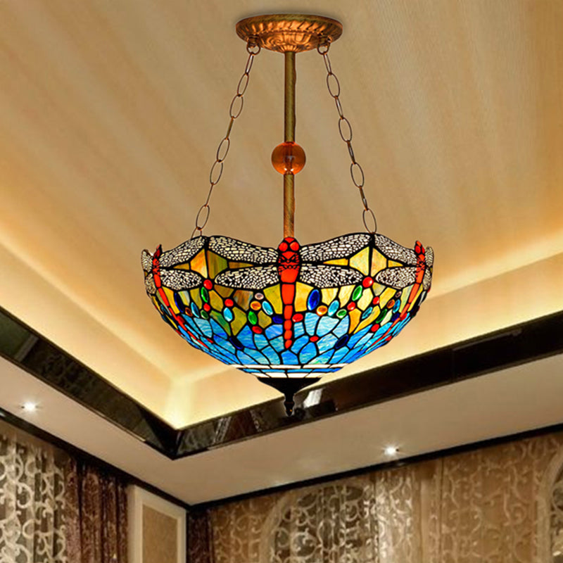 Inverted Pendant Lamp with Dragonfly Tiffany Rustic Stained Glass 3 Lights Ceiling Chandelier in Red/Blue Clearhalo 'Ceiling Lights' 'Chandeliers' 'Close To Ceiling Lights' 'Close to ceiling' 'Semi-flushmount' 'Tiffany close to ceiling' 'Tiffany' Lighting' 253096