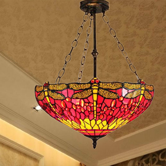 Inverted Pendant Lamp with Dragonfly Tiffany Rustic Stained Glass 3 Lights Ceiling Chandelier in Red/Blue Red Clearhalo 'Ceiling Lights' 'Chandeliers' 'Close To Ceiling Lights' 'Close to ceiling' 'Semi-flushmount' 'Tiffany close to ceiling' 'Tiffany' Lighting' 253097