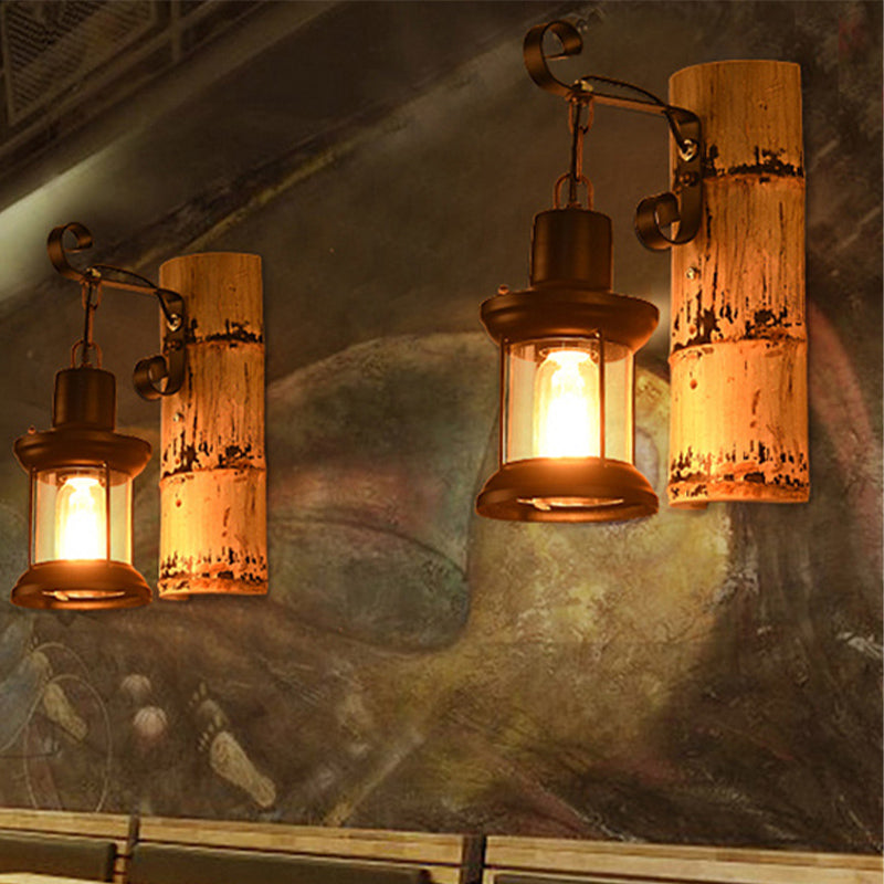 One Bulb Wall Light with Lantern Shade Clear Glass Industrial Dining Room Sconce in Black with Bamboo Backplate Clearhalo 'Industrial wall lights' 'Industrial' 'Middle century wall lights' 'Tiffany' 'Wall Lamps & Sconces' 'Wall Lights' Lighting' 253104