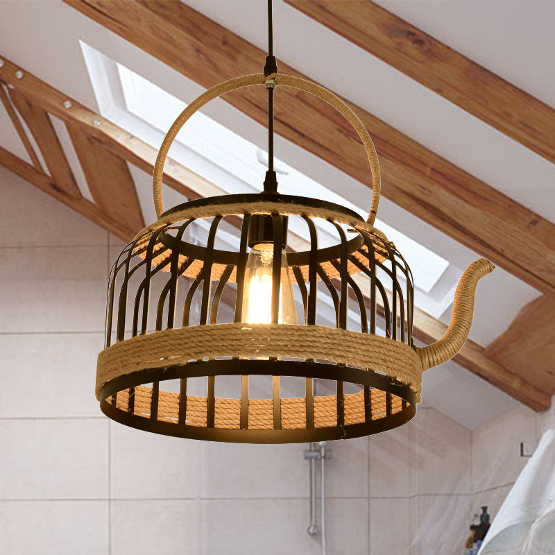Vintage Kettle Cage Ceiling Pendant Light 1 Light Metal and Rope Hanging Lamp in Beige for Restaurant Beige Clearhalo 'Ceiling Lights' 'Industrial Pendants' 'Industrial' 'Middle Century Pendants' 'Pendant Lights' 'Pendants' 'Tiffany' Lighting' 253107