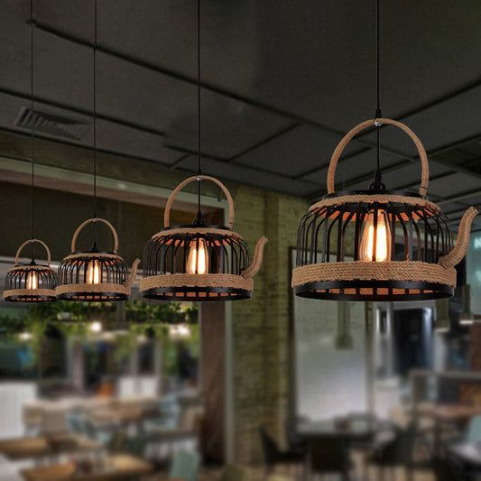 Vintage Kettle Cage Ceiling Pendant Light 1 Light Metal and Rope Hanging Lamp in Beige for Restaurant Clearhalo 'Ceiling Lights' 'Industrial Pendants' 'Industrial' 'Middle Century Pendants' 'Pendant Lights' 'Pendants' 'Tiffany' Lighting' 253108