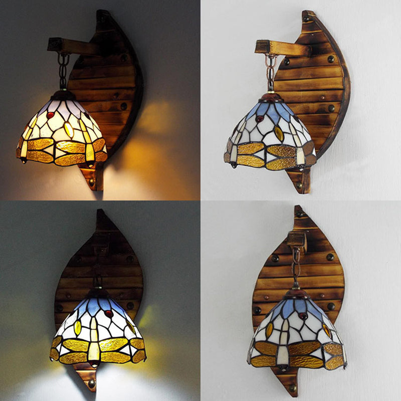 Vintage Domed Wall Light Stained Glass 1 Light Hanging Wall Sconce with Dragonfly Pattern in Purple/Blue Clearhalo 'Industrial' 'Middle century wall lights' 'Tiffany wall lights' 'Tiffany' 'Wall Lamps & Sconces' 'Wall Lights' Lighting' 25311