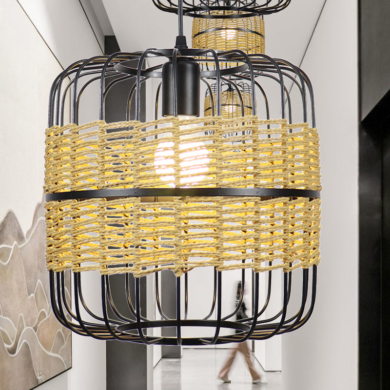 Metal Cylinder Cage Suspended Lamp Vintage 1 Light Corridor Pendant Lighting with Rope Detail in Beige Beige Clearhalo 'Ceiling Lights' 'Industrial Pendants' 'Industrial' 'Middle Century Pendants' 'Pendant Lights' 'Pendants' 'Tiffany' Lighting' 253115