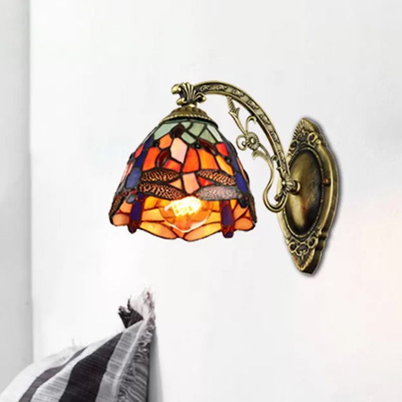 Lodge Style Dragonfly Wall Mount Light Stained Glass Multicolor Sconce Lighting Orange No Switch Clearhalo 'Industrial' 'Middle century wall lights' 'Tiffany wall lights' 'Tiffany' 'Wall Lamps & Sconces' 'Wall Lights' Lighting' 253118