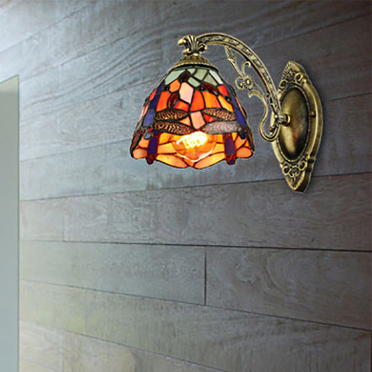 Lodge Style Dragonfly Wall Mount Light Stained Glass Multicolor Sconce Lighting Clearhalo 'Industrial' 'Middle century wall lights' 'Tiffany wall lights' 'Tiffany' 'Wall Lamps & Sconces' 'Wall Lights' Lighting' 253119