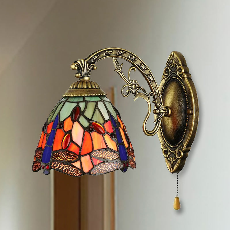 Lodge Style Dragonfly Wall Mount Light Stained Glass Multicolor Sconce Lighting Orange With Switch Clearhalo 'Industrial' 'Middle century wall lights' 'Tiffany wall lights' 'Tiffany' 'Wall Lamps & Sconces' 'Wall Lights' Lighting' 253120