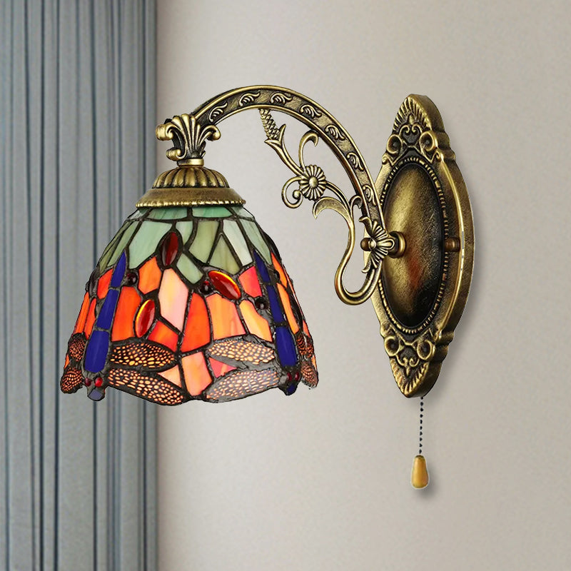 Lodge Style Dragonfly Wall Mount Light Stained Glass Multicolor Sconce Lighting Clearhalo 'Industrial' 'Middle century wall lights' 'Tiffany wall lights' 'Tiffany' 'Wall Lamps & Sconces' 'Wall Lights' Lighting' 253121