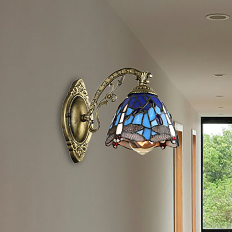Lodge Style Dragonfly Wall Mount Light Stained Glass Multicolor Sconce Lighting Blue No Switch Clearhalo 'Industrial' 'Middle century wall lights' 'Tiffany wall lights' 'Tiffany' 'Wall Lamps & Sconces' 'Wall Lights' Lighting' 253122
