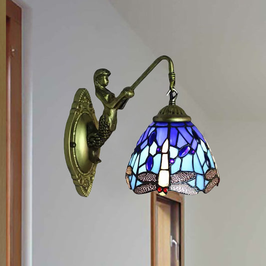 Lodge Style Dragonfly Wall Mount Light Stained Glass Multicolor Sconce Lighting No Switch Clearhalo 'Industrial' 'Middle century wall lights' 'Tiffany wall lights' 'Tiffany' 'Wall Lamps & Sconces' 'Wall Lights' Lighting' 253123
