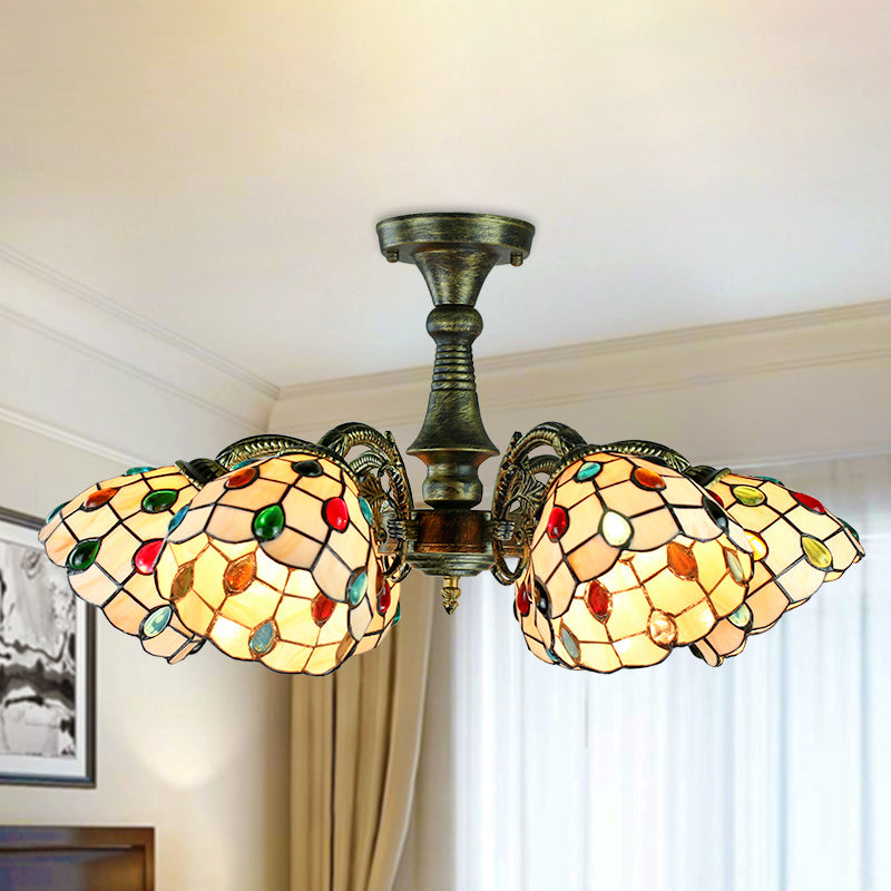 6 Lights Peacock Tail/Leaf/Flower Pendant Light with Shade Tiffany Vintage Stained Glass Chandelier Lighting in Antique Bronze Antique Bronze Peacock Tail Clearhalo 'Ceiling Lights' 'Close To Ceiling Lights' 'Close to ceiling' 'Glass shade' 'Glass' 'Semi-flushmount' 'Tiffany close to ceiling' 'Tiffany' Lighting' 253138