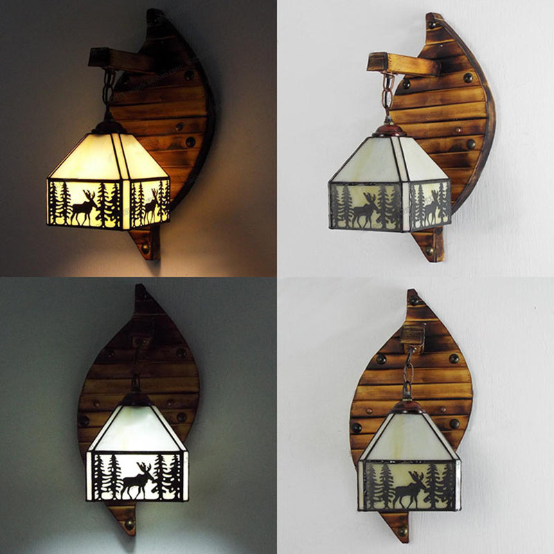 Small House Wall Mount Fixture Tiffany Stained Glass 1 Light Wall Sconce Lamp Fixture with Deer and Tree Pattern in Clear/Beige Clearhalo 'Industrial' 'Middle century wall lights' 'Tiffany wall lights' 'Tiffany' 'Wall Lamps & Sconces' 'Wall Lights' Lighting' 25314
