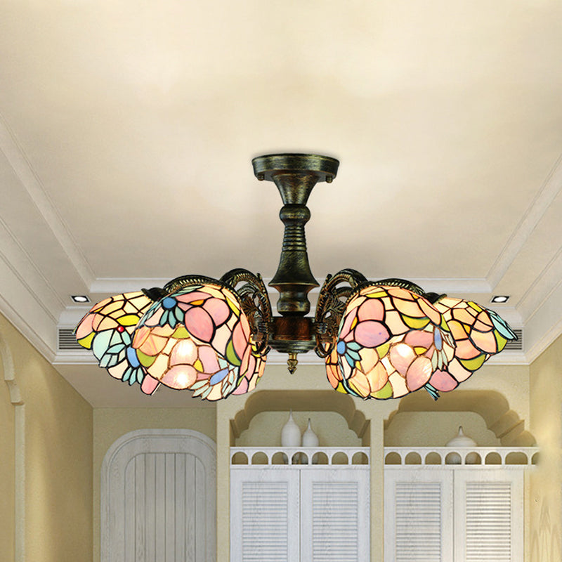 6 Lights Peacock Tail/Leaf/Flower Pendant Light with Shade Tiffany Vintage Stained Glass Chandelier Lighting in Antique Bronze Antique Bronze Flower Clearhalo 'Ceiling Lights' 'Close To Ceiling Lights' 'Close to ceiling' 'Glass shade' 'Glass' 'Semi-flushmount' 'Tiffany close to ceiling' 'Tiffany' Lighting' 253140