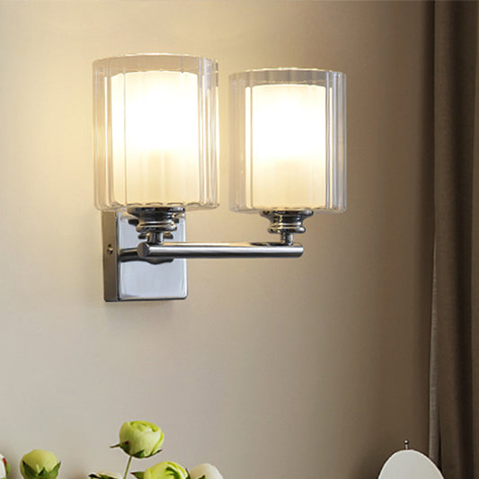 2 Bulbs Wall Light with Cylinder Shade Clear Glass Modern Living Room Sconce Lighting Fixture in White Clearhalo 'Cast Iron' 'Glass' 'Industrial' 'Modern wall lights' 'Modern' 'Tiffany' 'Traditional wall lights' 'Wall Lamps & Sconces' 'Wall Lights' Lighting' 253155