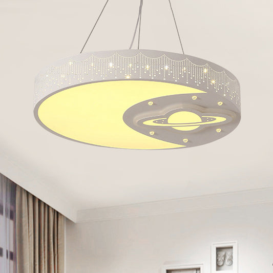 Metal Round Pendant Light with Moon and Planet Living Room Kids Chandelier in White Clearhalo 'Ceiling Lights' 'Pendant Lights' 'Pendants' Lighting' 253159
