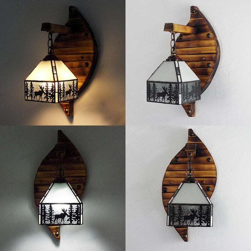 Small House Wall Mount Fixture Tiffany Stained Glass 1 Light Wall Sconce Lamp Fixture with Deer and Tree Pattern in Clear/Beige Clearhalo 'Industrial' 'Middle century wall lights' 'Tiffany wall lights' 'Tiffany' 'Wall Lamps & Sconces' 'Wall Lights' Lighting' 25316