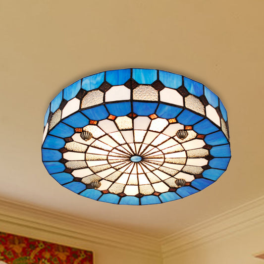 16"/23.5" W Round Ceiling Light Fixture Tiffany Style Stained Glass 3/4 Lights Flushmount Light in Blue for Living Room Clearhalo 'Ceiling Lights' 'Close To Ceiling Lights' 'Close to ceiling' 'Flush mount' Lighting' 253172