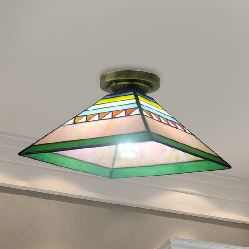 Pink/Orange Pyramid Flush Light Craftsman 1 Light Stained Glass Mini Flush Mount Light for Kitchen Clearhalo 'Ceiling Lights' 'Close To Ceiling Lights' 'Close to ceiling' 'Glass shade' 'Glass' 'Pendant Lights' 'Semi-flushmount' 'Tiffany close to ceiling' 'Tiffany' Lighting' 253192