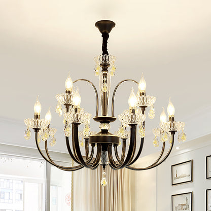 Black Candle Chandelier Lamp Rustic Metal 12/15 Lights Living Room Hanging Light Kit with Crystal Accent 12 Black Clearhalo 'Ceiling Lights' 'Chandeliers' Lighting' options 253197_275413fe-6f2e-4f80-bd1c-bc3ff3bd9efd