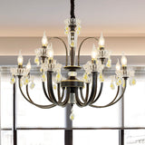 Black Candle Chandelier Lamp Rustic Metal 12/15 Lights Living Room Hanging Light Kit with Crystal Accent Clearhalo 'Ceiling Lights' 'Chandeliers' Lighting' options 253198