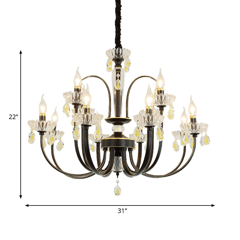 Black Candle Chandelier Lamp Rustic Metal 12/15 Lights Living Room Hanging Light Kit with Crystal Accent Clearhalo 'Ceiling Lights' 'Chandeliers' Lighting' options 253200
