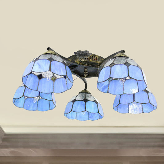 Stained Glass Dome Semi Flushmount Mediterranean 5 Lights Semi Flush Light in White/Clear for Bedroom Clearhalo 'Ceiling Lights' 'Close To Ceiling Lights' 'Close to ceiling' 'Glass shade' 'Glass' 'Semi-flushmount' 'Tiffany close to ceiling' 'Tiffany' Lighting' 253206