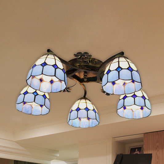 5 Lights Dome Semi Flush Lighting Tiffany Style Stained Glass Semi Flush Mount Light in White/Clear Clearhalo 'Ceiling Lights' 'Close To Ceiling Lights' 'Close to ceiling' 'Glass shade' 'Glass' 'Semi-flushmount' 'Tiffany close to ceiling' 'Tiffany' Lighting' 253218