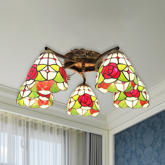 Rose Semi Flushmount Lodge Style Stained Glass 5 Heads Living Room Semi Flush Lighting in Clear/White Clearhalo 'Ceiling Lights' 'Close To Ceiling Lights' 'Close to ceiling' 'Glass shade' 'Glass' 'Semi-flushmount' 'Tiffany close to ceiling' 'Tiffany' Lighting' 253222