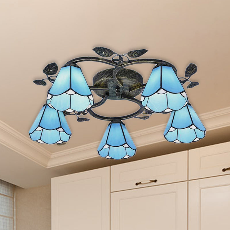 Rustic Conical Semi Flush Mount Stained Glass 9/5 Lights Semi Flush Light in Blue for Stairway Clearhalo 'Ceiling Lights' 'Chandeliers' 'Close To Ceiling Lights' 'Close to ceiling' 'Glass shade' 'Glass' 'Semi-flushmount' 'Tiffany close to ceiling' 'Tiffany' Lighting' 253228