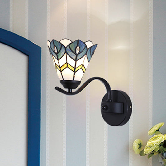Blue Scalloped Wall Mount Fixture with Curved/Arc Arm Tiffany Style Stained Glass 1 Light Wall Mount Fixture for Bedroom Clearhalo 'Industrial' 'Middle century wall lights' 'Tiffany wall lights' 'Tiffany' 'Wall Lamps & Sconces' 'Wall Lights' Lighting' 253251
