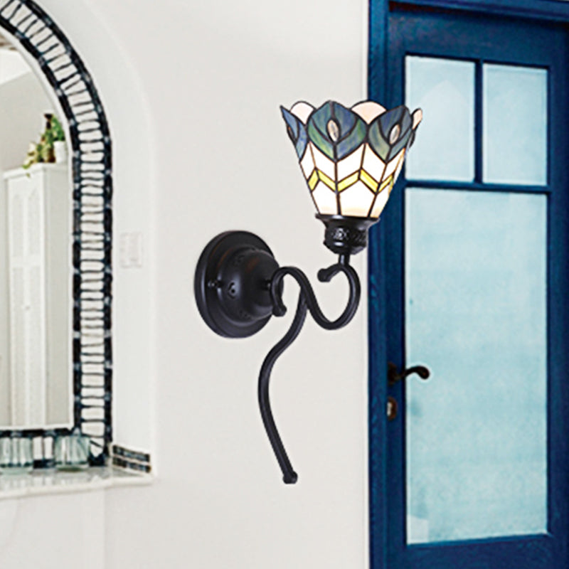 Blue Scalloped Wall Mount Fixture with Curved/Arc Arm Tiffany Style Stained Glass 1 Light Wall Mount Fixture for Bedroom Blue Curved Clearhalo 'Industrial' 'Middle century wall lights' 'Tiffany wall lights' 'Tiffany' 'Wall Lamps & Sconces' 'Wall Lights' Lighting' 253252