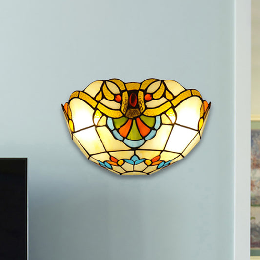 Victorian Bowl Wall Lighting 1 Light Stained Glass Wall Sconce Light in Multi Color for Corridor Beige Clearhalo 'Industrial' 'Middle century wall lights' 'Tiffany wall lights' 'Tiffany' 'Wall Lamps & Sconces' 'Wall Lights' Lighting' 253276