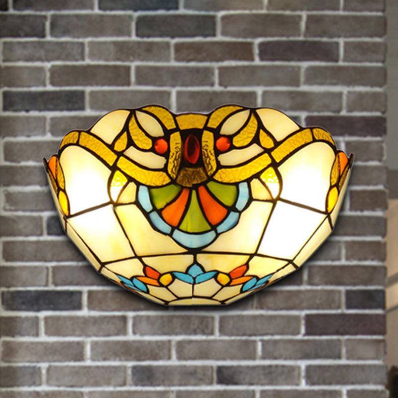 Victorian Bowl Wall Lighting 1 Light Stained Glass Wall Sconce Light in Multi Color for Corridor Clearhalo 'Industrial' 'Middle century wall lights' 'Tiffany wall lights' 'Tiffany' 'Wall Lamps & Sconces' 'Wall Lights' Lighting' 253277