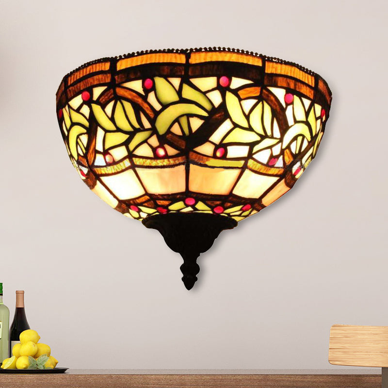 Victorian Bowl Wall Lighting 1 Light Stained Glass Wall Sconce Light in Multi Color for Corridor Brown Clearhalo 'Industrial' 'Middle century wall lights' 'Tiffany wall lights' 'Tiffany' 'Wall Lamps & Sconces' 'Wall Lights' Lighting' 253278