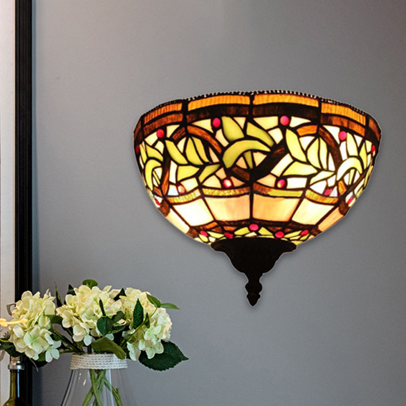 Victorian Bowl Wall Lighting 1 Light Stained Glass Wall Sconce Light in Multi Color for Corridor Clearhalo 'Industrial' 'Middle century wall lights' 'Tiffany wall lights' 'Tiffany' 'Wall Lamps & Sconces' 'Wall Lights' Lighting' 253279