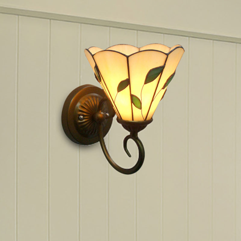 Leaf Wall Sconce Light with Beige Conical Shade Rustic 1 Light Stained Glass Wall Light Beige Clearhalo 'Industrial' 'Middle century wall lights' 'Tiffany wall lights' 'Tiffany' 'Wall Lamps & Sconces' 'Wall Lights' Lighting' 253296