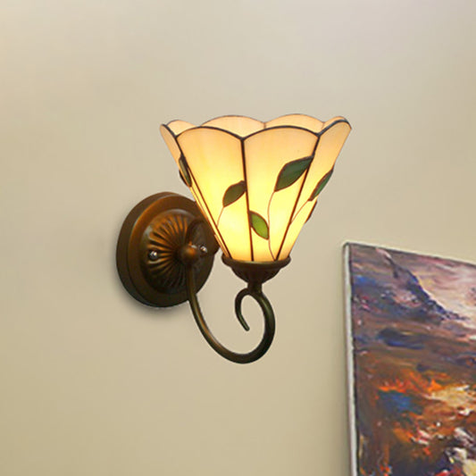 Leaf Wall Sconce Light with Beige Conical Shade Rustic 1 Light Stained Glass Wall Light Clearhalo 'Industrial' 'Middle century wall lights' 'Tiffany wall lights' 'Tiffany' 'Wall Lamps & Sconces' 'Wall Lights' Lighting' 253297